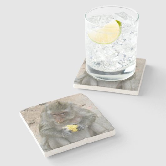 Het is Mine! .. Wild Thai Macaque Monkey Stenen Onderzetter (Zijkant)