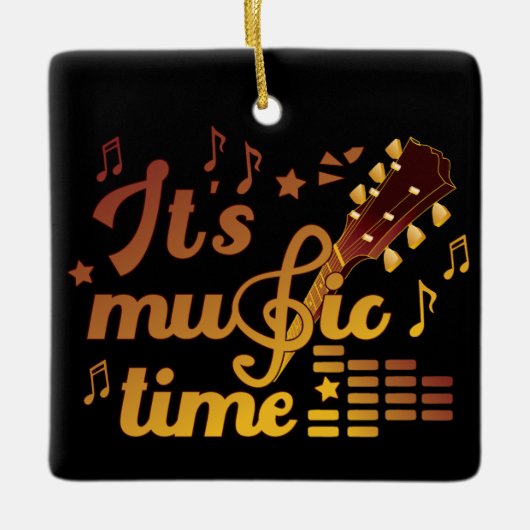 Het is muziektijd, gouden gitaar musical keramisch ornament (Voorkant)