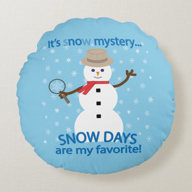 Het is NU Mystery Detective Snowman Blue Rond Kussen (Voorkant)