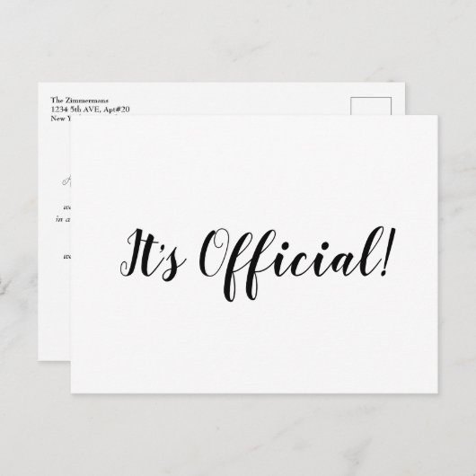 Het is officieel We Eloped minimalistisch script b Aankondigingskaart (Voorkant / Achterkant)