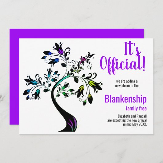 Het is officieel we verwachten bloemboom Paarse Aankondiging (Voorkant / Achterkant)