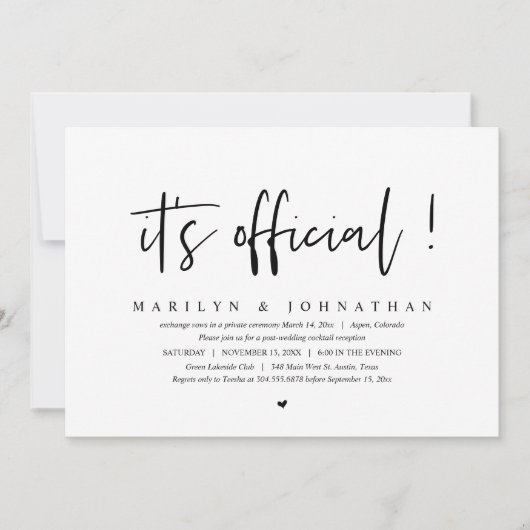 Het is officieel, Wedding Elopement Dinner en Part Kaart (Voorkant)