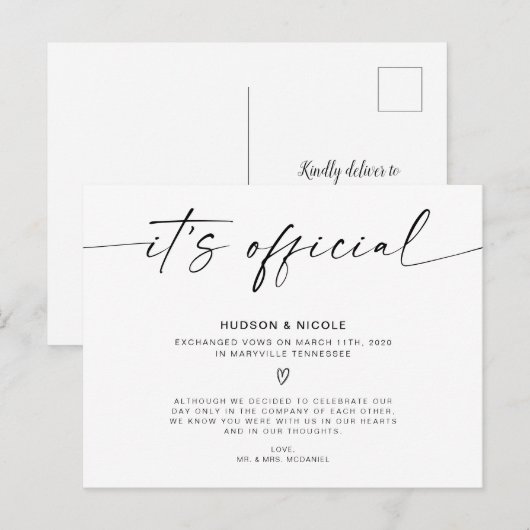 Het is officiële Elopement Wedding Aankondigingskaart (Voorkant / Achterkant)