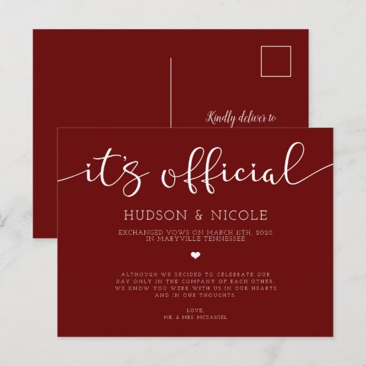 Het is officiële Elopement Wedding Aankondigingskaart (Voorkant / Achterkant)