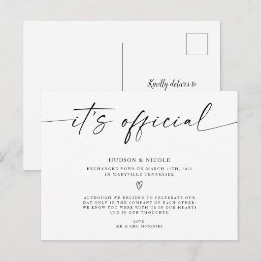 Het is officiële Elopement Wedding Aankondigingskaart (Voorkant / Achterkant)