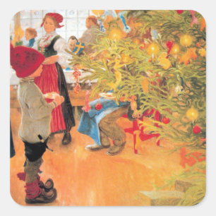 Het is opnieuw kerst - jongen die naar de boom kij vierkante sticker