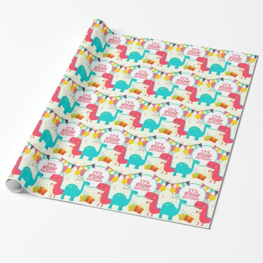 Het is Roar Birthday Dinosaurs Cadeaupapier (Uitgerold)