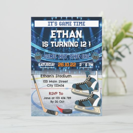 Het is Speltijd! Ice Hockey Birthday Invitation Kaart (Staand voorkant)