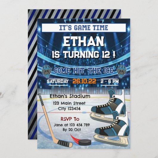 Het is Speltijd! Ice Hockey Birthday Invitation Kaart (Voorkant / Achterkant)
