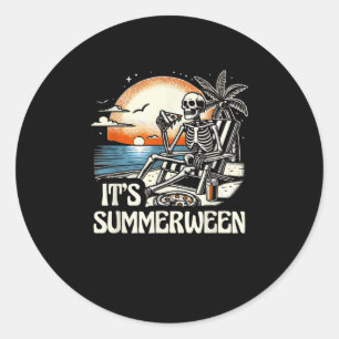 Het is Summerween Skelet Zonsondergang Vakantie Ronde Sticker