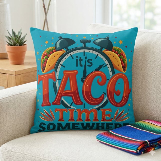 Het is Taco Tijd Overal Tex Mex Mexicaans Eten Kussen (It's Taco Time Somewhere Tex Mex Mexican Food Throw Pillow On Couch)