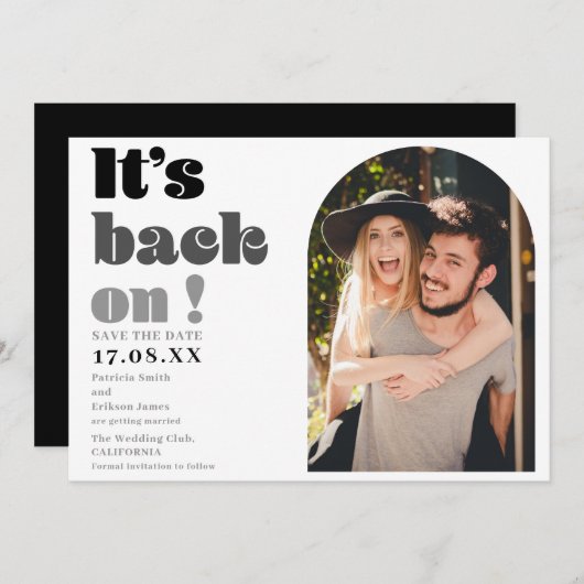 Het is terug op zwarte manuscriptfoto sparen de da save the date (Voorkant / Achterkant)