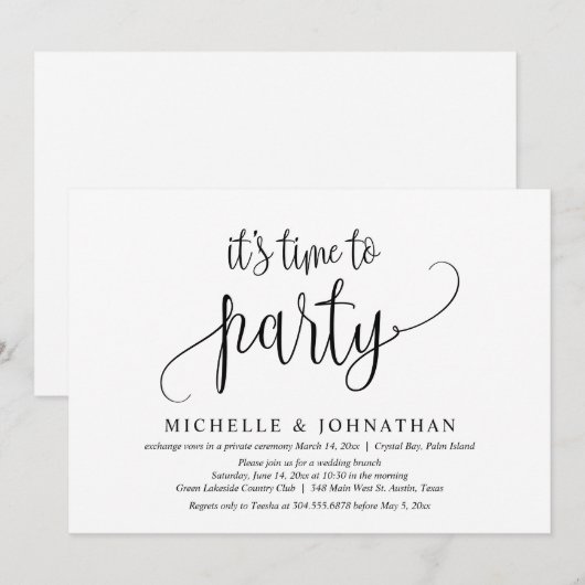 Het is tijd om te feesten, Trouw Elopement Feest Kaart (Voorkant / Achterkant)