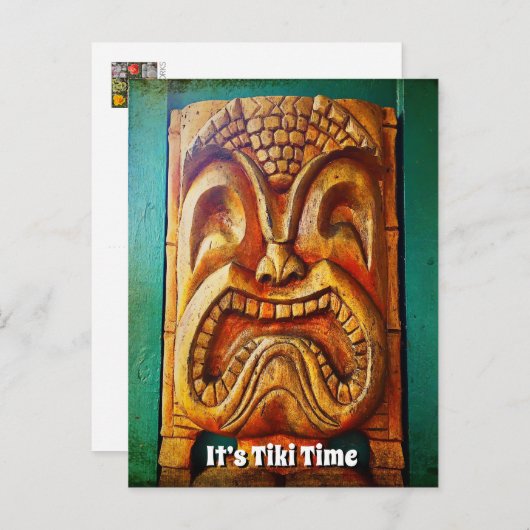 Het is Tiki Time Cool Fun  Retro Wood Face Briefkaart (Voorkant / Achterkant)