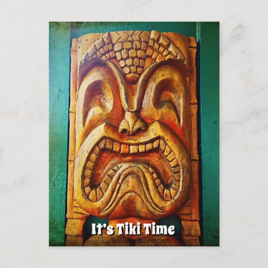 Het is Tiki Time Cool Fun  Retro Wood Face Briefkaart (Voorkant)