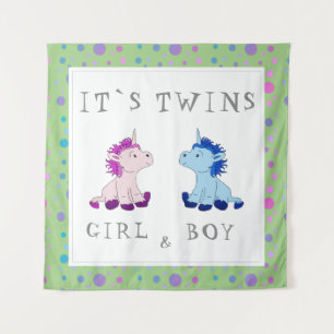 Het is Tweeling Eenhoorn Roze en Blauwe Baby Showe Wandkleed