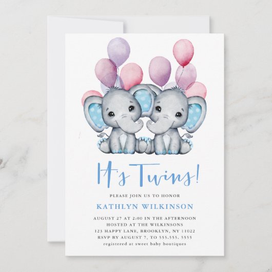 Het is tweeling olifant blauw ballon schattig Baby Kaart (Voorkant)