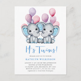 Het is tweeling olifant blauw ballon schattig Baby Uitnodiging Briefkaart