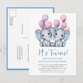 Het is tweeling olifant blauw ballon schattig Baby Uitnodiging Briefkaart (Voorkant / Achterkant)