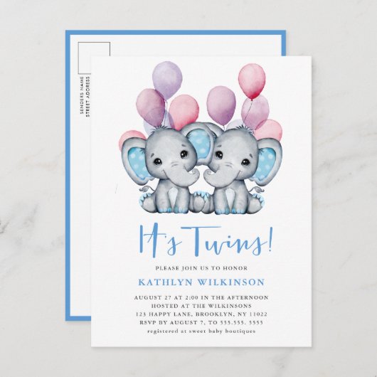 Het is tweeling olifant blauw ballon schattig Baby Uitnodiging Briefkaart (Voorkant / Achterkant)