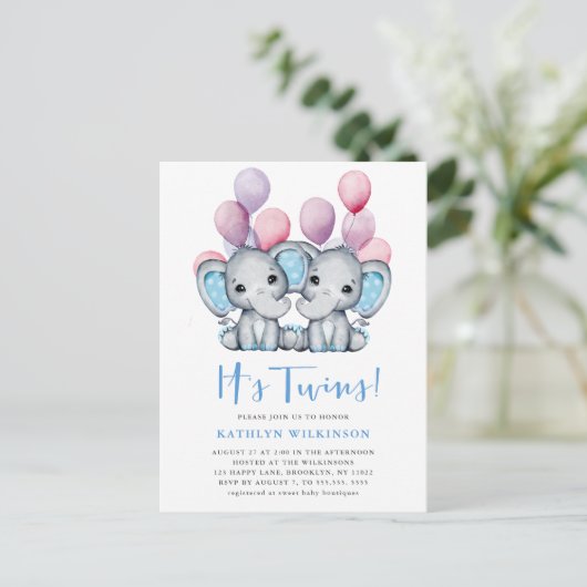 Het is tweeling olifant blauw ballon schattig Baby Uitnodiging Briefkaart (Staand voorkant)