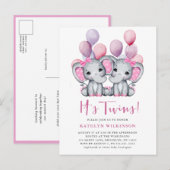 Het is tweeling olifant roze ballon schattig Baby  Uitnodiging Briefkaart (Voorkant / Achterkant)