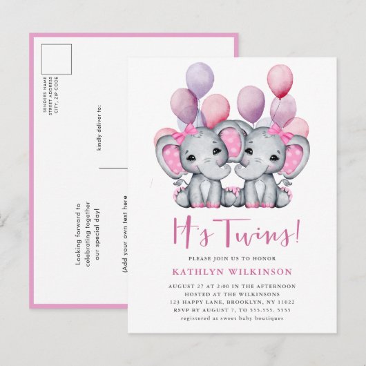 Het is tweeling olifant roze ballon schattig Baby  Uitnodiging Briefkaart (Voorkant / Achterkant)