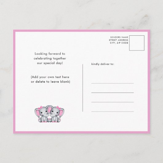 Het is tweeling olifant roze ballon schattig Baby  Uitnodiging Briefkaart (Achterkant)