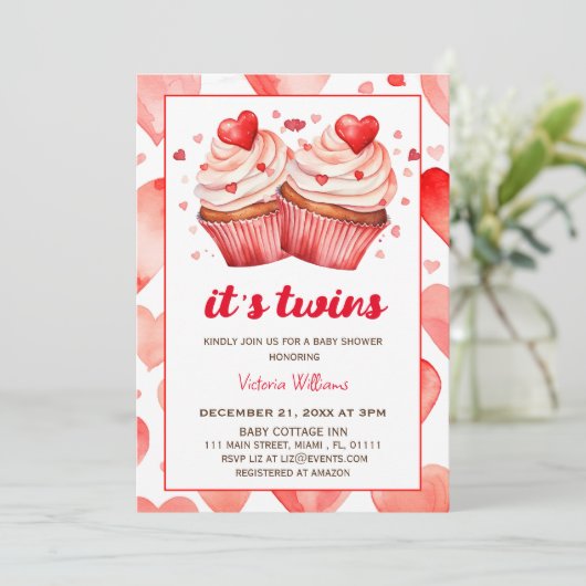 Het is tweeling valentijn harten cupcake baby show kaart (Staand voorkant)