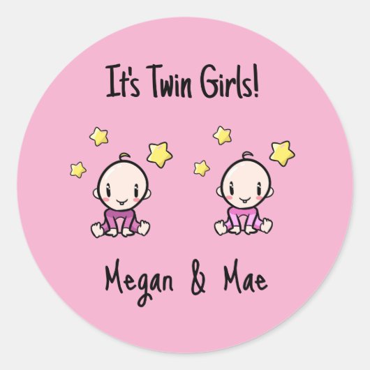 Het is Twin Girls!, Roze, Gepersonaliseerde Tweeli Ronde Sticker (Voorkant)
