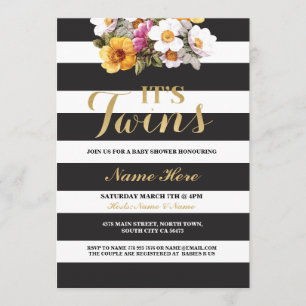 Het is Twins Baby shower Stripe Gold Floral Invite Kaart