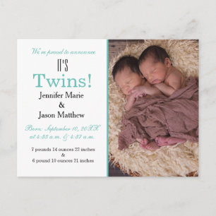 Het is Twins Blauwgroen Photo Birth Announcement Briefkaart