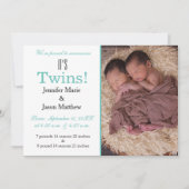 Het is Twins Blauwgroen Photo Birth Announcement Kaart (Voorkant)