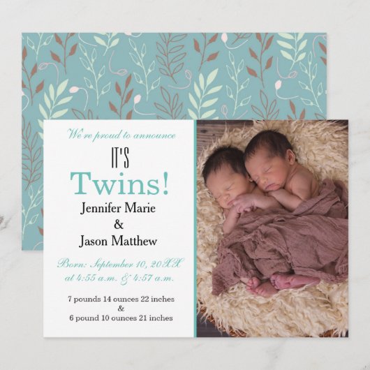 Het is Twins Blauwgroen Photo Birth Announcement Kaart (Voorkant / Achterkant)