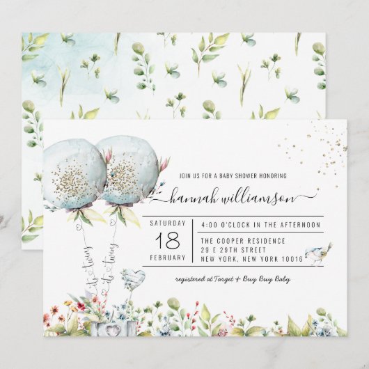 Het is Twins Blue Balloon Baby shower Invitation Kaart (Voorkant / Achterkant)