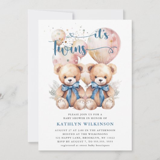 Het is TWINS Blue Balloons Teddy Bears Baby shower Kaart (Voorkant)