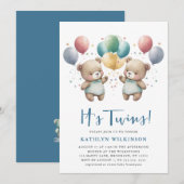 Het is TWINS Blue Balloons Teddy Bears Baby shower Kaart (Voorkant / Achterkant)