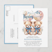Het is TWINS Blue Balloons Teddy Bears Baby shower Uitnodiging Briefkaart (Voorkant / Achterkant)