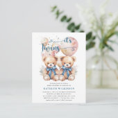 Het is TWINS Blue Balloons Teddy Bears Baby shower Uitnodiging Briefkaart (Staand voorkant)