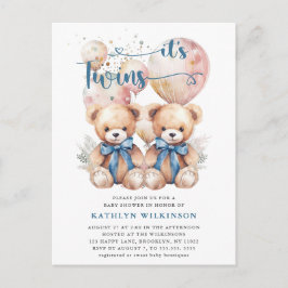 Het is TWINS Blue Balloons Teddy Bears Baby shower Uitnodiging Briefkaart