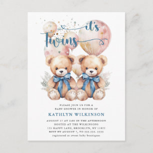 Het is TWINS Blue Balloons Teddy Bears Baby shower Uitnodiging Briefkaart