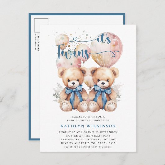 Het is TWINS Blue Balloons Teddy Bears Baby shower Uitnodiging Briefkaart (Voorkant / Achterkant)