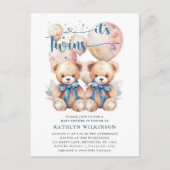 Het is TWINS Blue Balloons Teddy Bears Baby shower Uitnodiging Briefkaart (Voorkant)