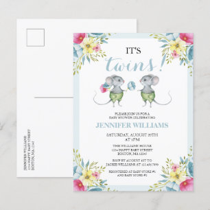 Het is Twins Blue Floral Boy Twins Baby shower Uitnodiging Briefkaart