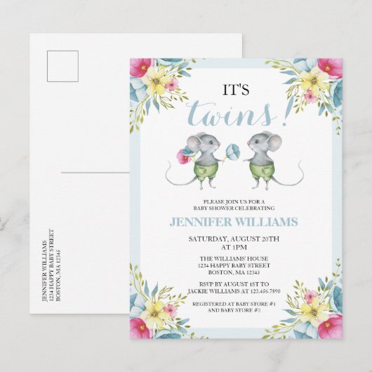 Het is Twins Blue Floral Boy Twins Baby shower Uitnodiging Briefkaart (Voorkant / Achterkant)
