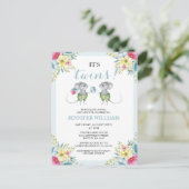 Het is Twins Blue Floral Boy Twins Baby shower Uitnodiging Briefkaart (Staand voorkant)