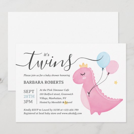 Het is Twins Boy and Girl Pink Dinosaur Baby showe Kaart (Voorkant / Achterkant)