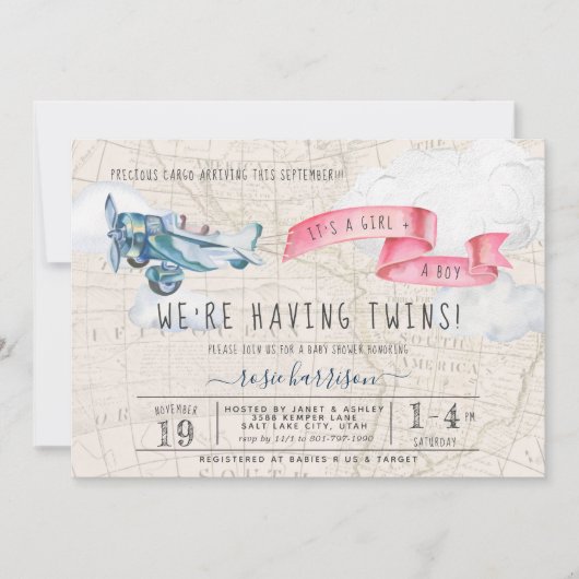Het is Twins Boy Girl |  Baby shower vliegtuig Kaart