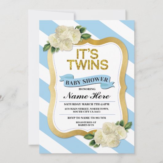 Het is Twins Boys Baby shower Blue Gold Invite Kaart (Voorkant)