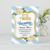 Het is Twins Boys Baby shower Blue Gold Invite Kaart (Staand voorkant)